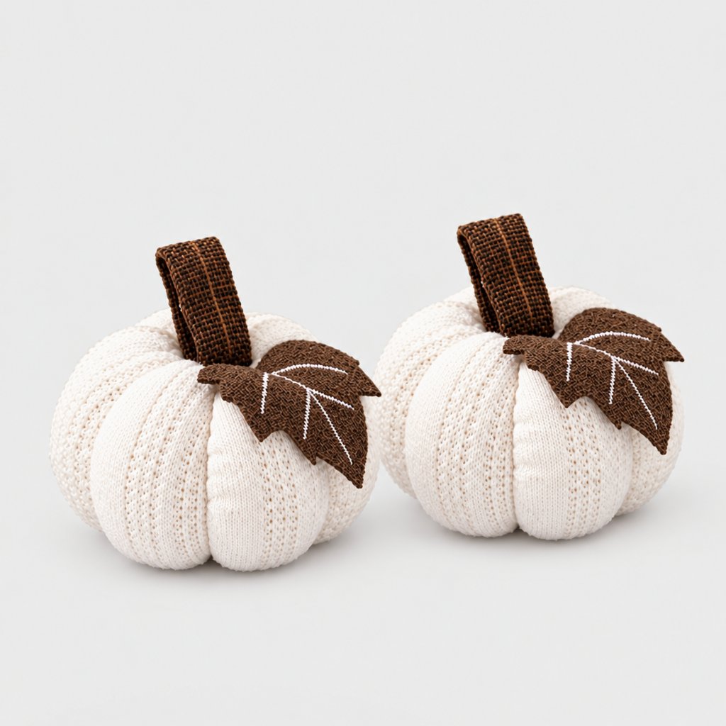 Two cream mini knit pumpkins side by side with brown stems and brown felt leaves on a plain light backdrop