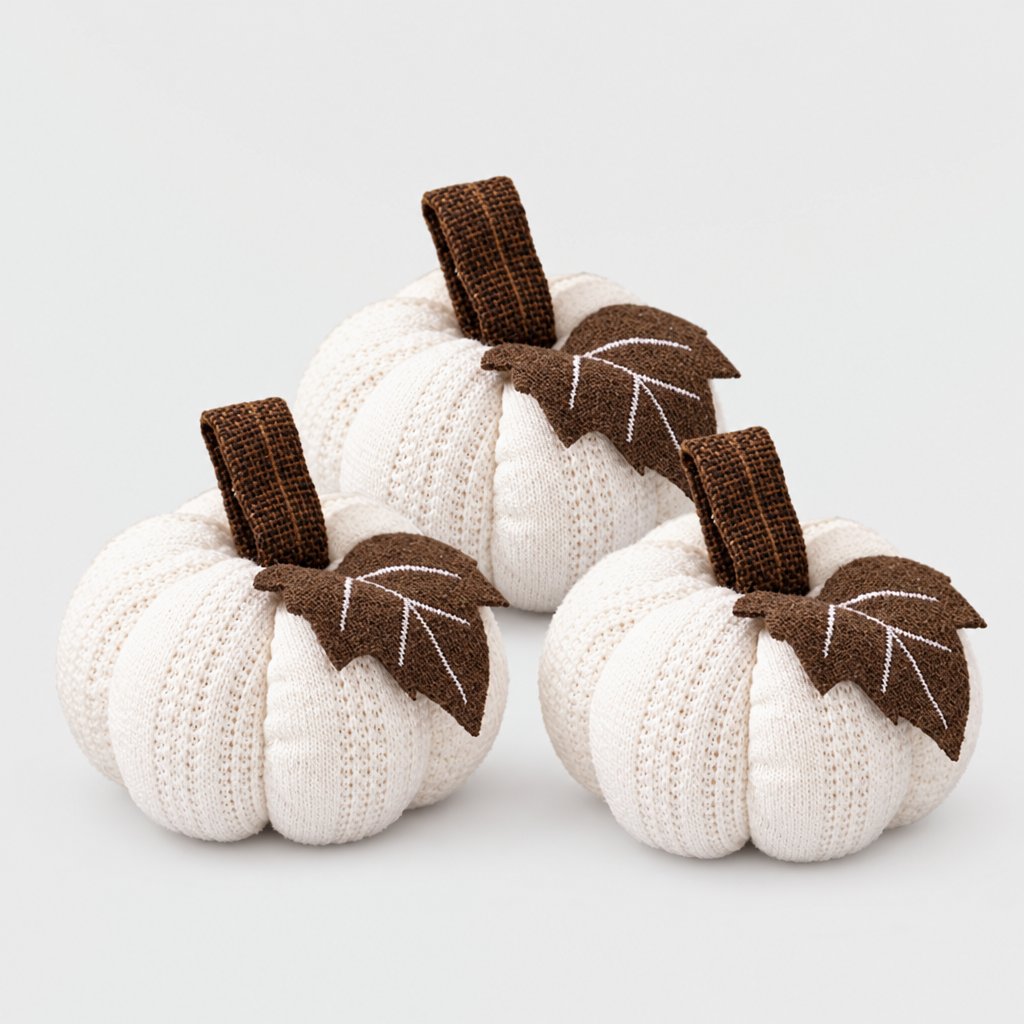 Set of three cream mini knit pumpkins with brown stems and brown felt leaves on a plain light backdrop