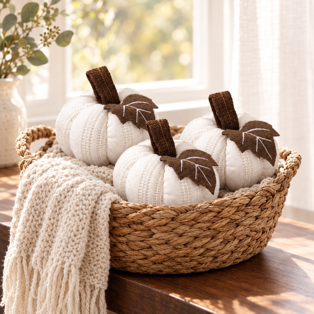 Three cream mini knit pumpkins with brown stems and leaves in a woven basket on a window ledge with a chunky knit throw