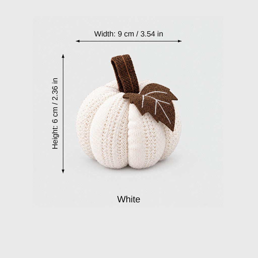 Cream mini knit pumpkin with brown stem and brown leaf, labeled Width 9 cm / 3.54 in and Height 6 cm / 2.36 in