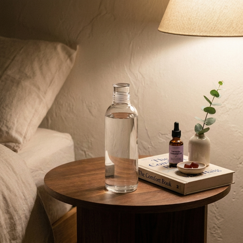 Glass bottle, book, and small plant on a wooden nightstand next to a bed.