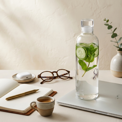 Clear glass bottle with cucumber and mint water on a desk with a laptop, notebook, and glasses.
