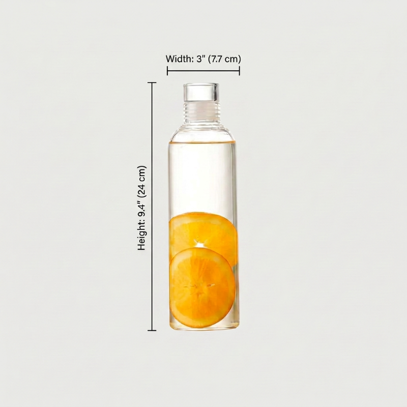 Clear bottle with sliced oranges inside, shown with measurements on a light gray background