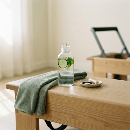 Clear bottle with a green leafy garnish on a wooden table with a green towel and small dish.