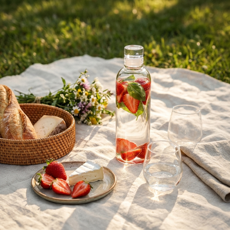 Picnic setup with strawberries, bread, and a bottle of infused water on a blanket outdoors.