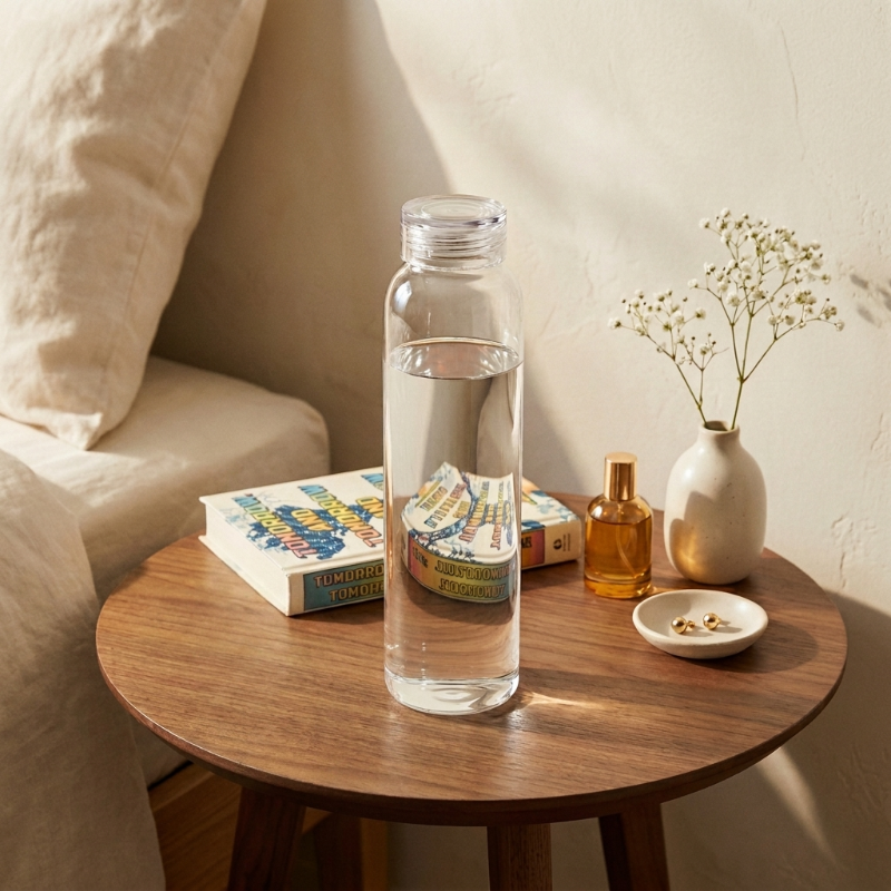 Clear water bottle on a wooden side table with books, a vase, and small items.