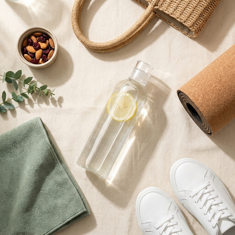 Clear water bottle with lemon slice, white sneakers, green towel, woven bag, and small bowl of nuts on a light surface.