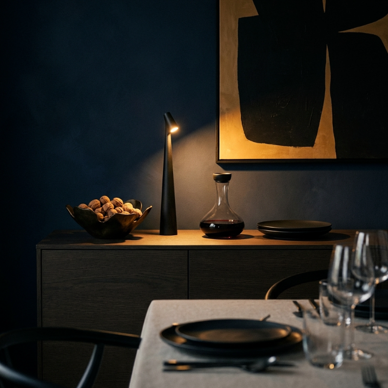 Minimalist rechargeable table lamp on a dining table
