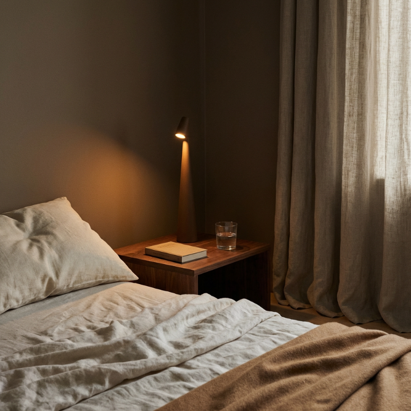 Portable LED table lamp styled on a bedside table