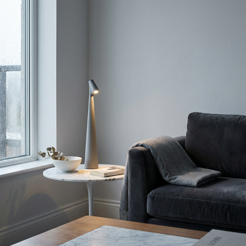 Cordless LED table lamp adding soft light to a living room
