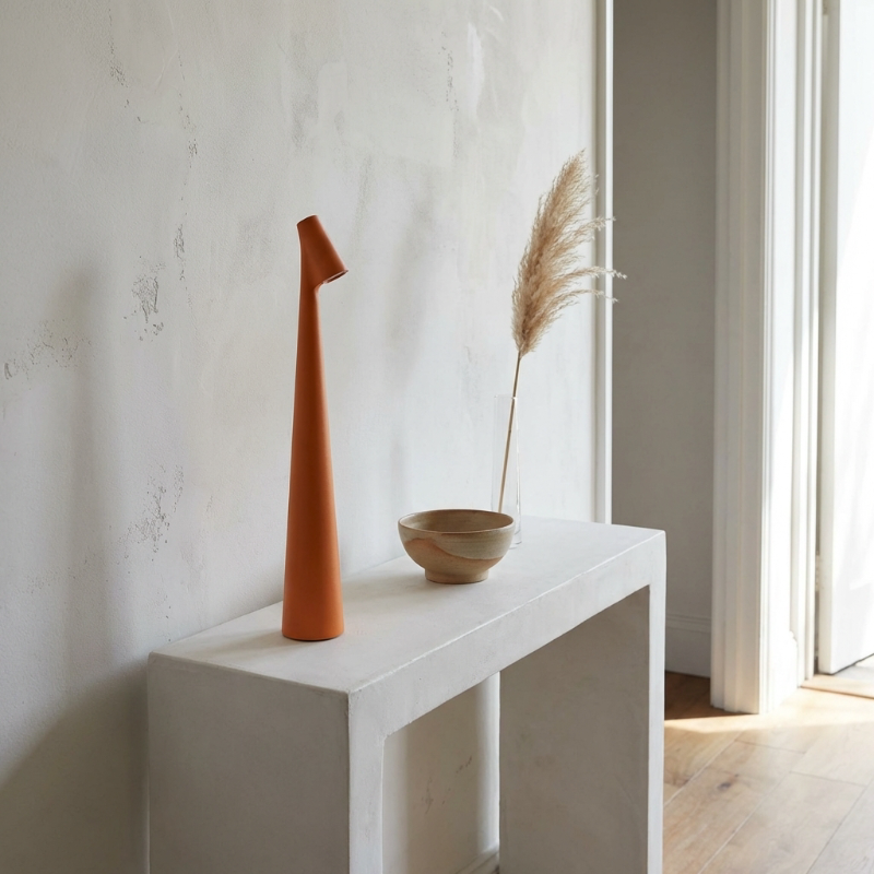 Minimalist rechargeable table lamp on a console table