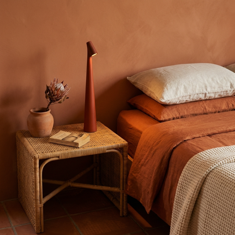 Red Portable LED table lamp styled on a bedside table