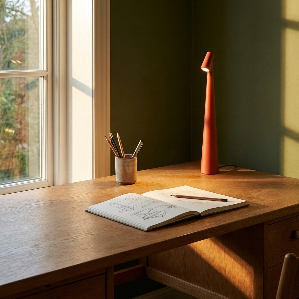 Modern LED table lamp styled on a desk with notebook and mug