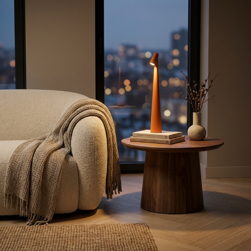 Orange Portable LED table lamp styled on a living room side table