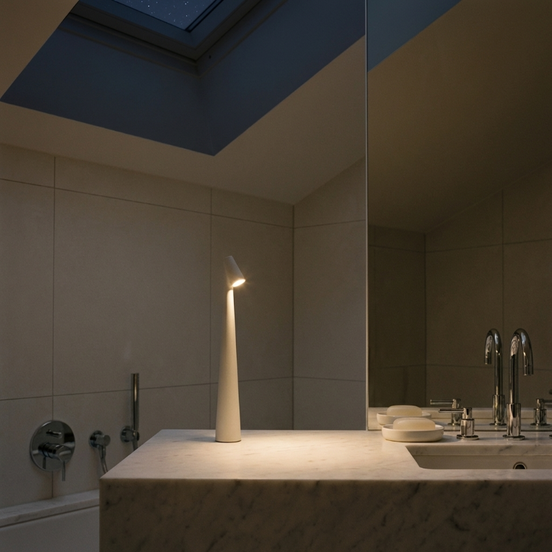Portable LED table lamp styled in bathroom