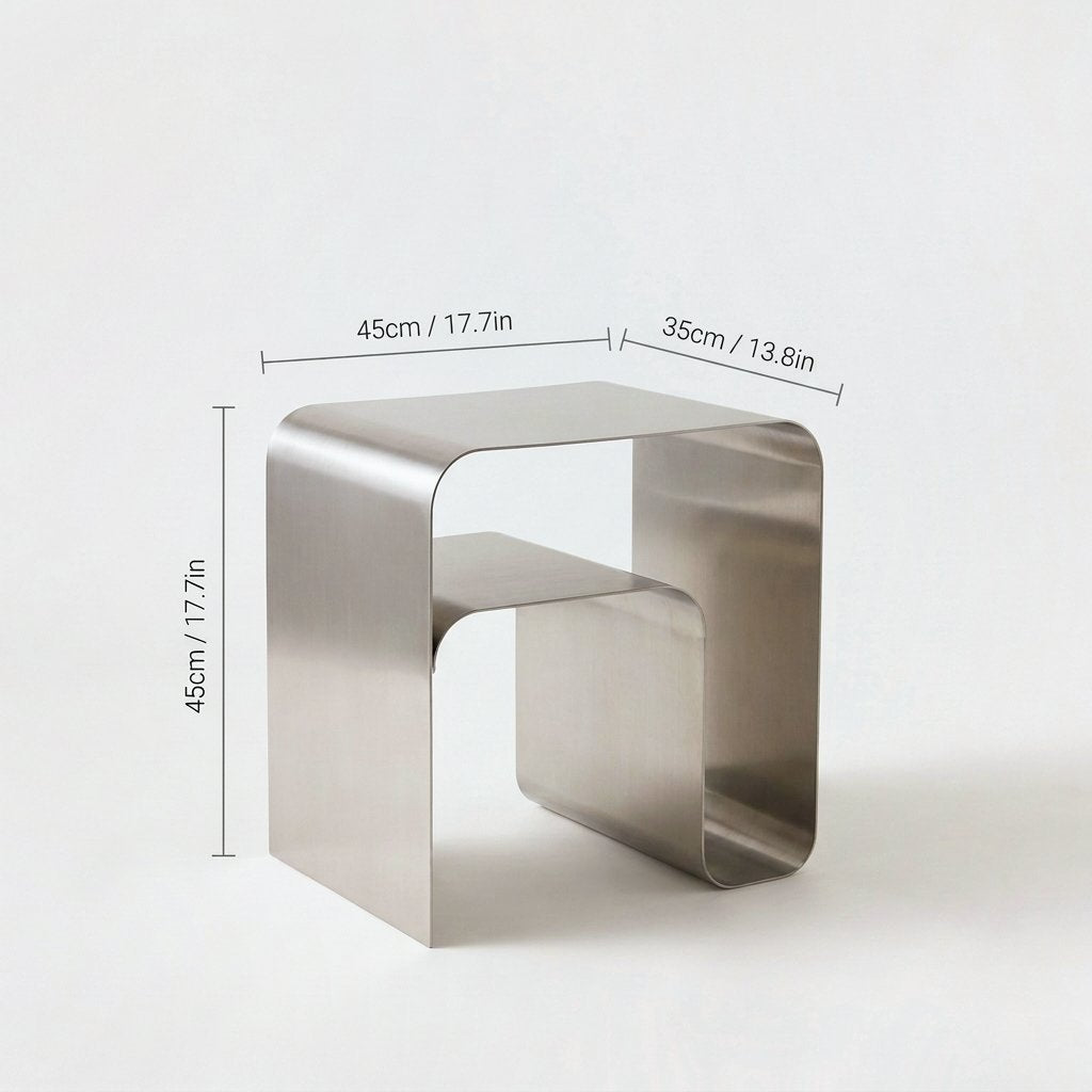 Brushed stainless steel arch side table with two tiers, labeled 45cm / 17.7in wide, 35cm / 13.8in deep and 45cm / 17.7in high on a plain light backdrop