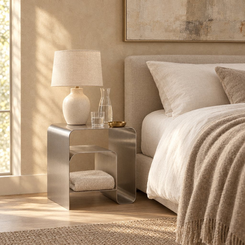 Brushed stainless steel arch side table beside a bed holding a ceramic lamp, a glass carafe, a glass and a small brass dish, with a folded throw on the lower shelf