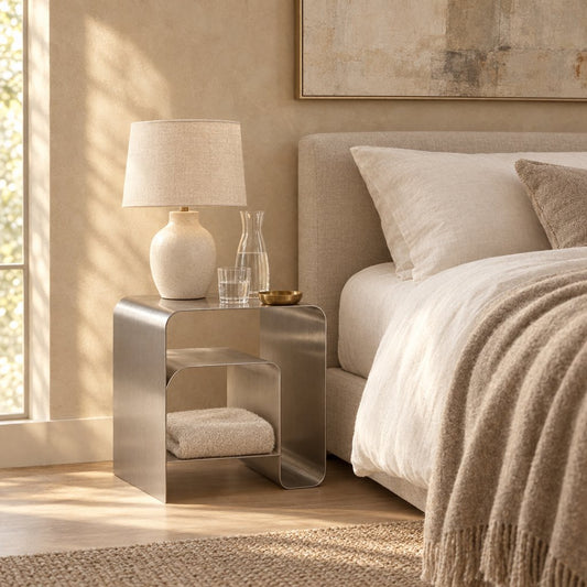 Brushed stainless steel arch side table beside a bed holding a ceramic lamp, a glass carafe, a glass and a small brass dish, with a folded throw on the lower shelf