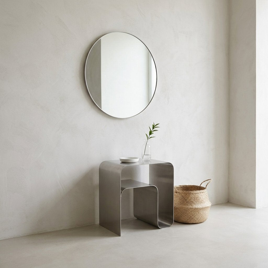 Brushed stainless steel arch side table under a round mirror holding a white plate and a glass bud vase, beside a woven seagrass basket