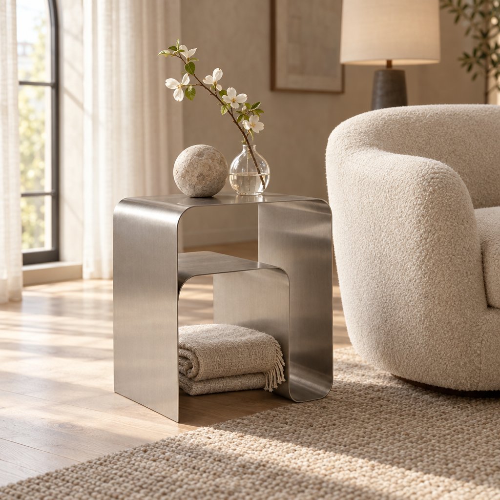 Brushed stainless steel arch side table beside a cream boucle swivel chair holding a stone sphere and a glass vase of blossoms, with a folded throw on the lower shelf