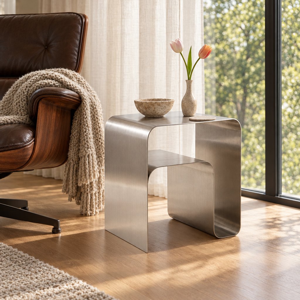 Brushed stainless steel arch side table holding a stone bowl and a bud vase of tulips, beside a brown leather lounge chair in a sunlit reading nook