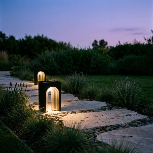 Modern arch solar lanterns lighting a garden path at twilight