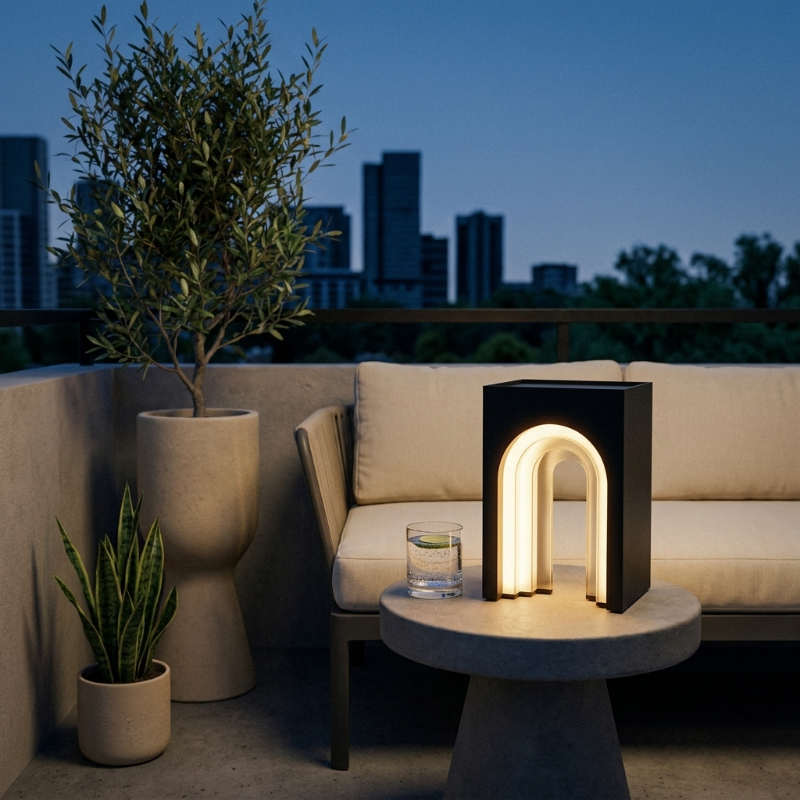 Modern arch solar lantern on deck beside bench and potted plant