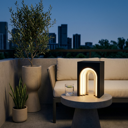 Modern arch solar lantern on deck beside bench and potted plant