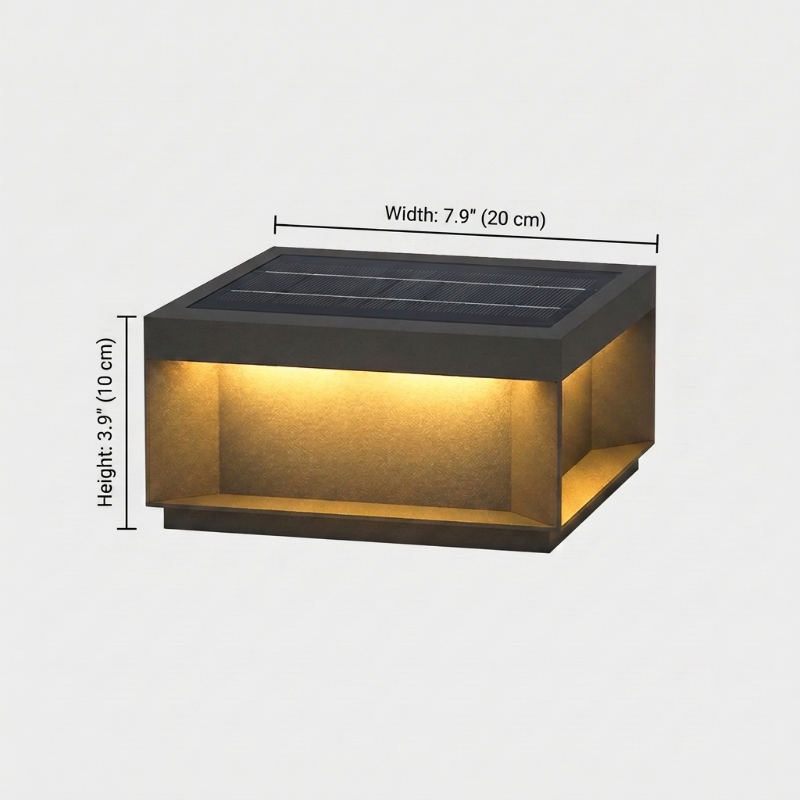 Modern black LED solar outdoor deck light on white background with dimensions