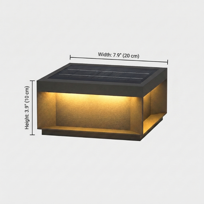 Modern black LED solar outdoor deck light on white background with dimensions
