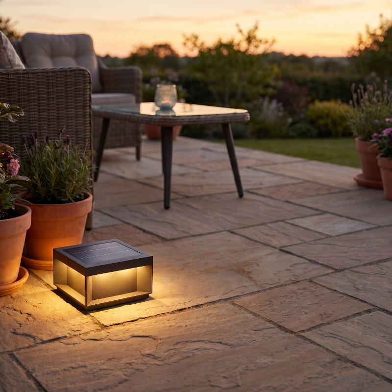 Modern black LED solar outdoor deck light on a patio beside outdoor seating at sunset