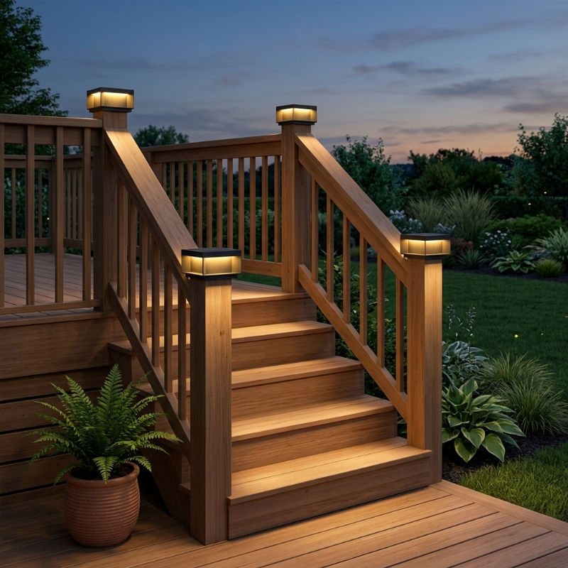 Modern black LED solar outdoor deck lights installed on wooden stairs at dusk