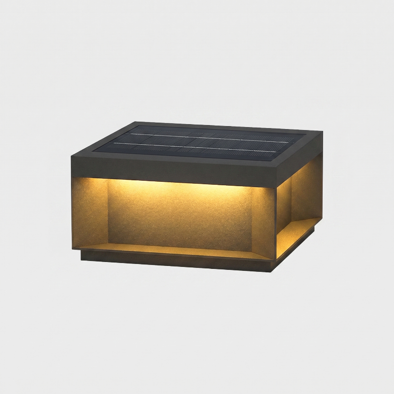 Modern black LED solar outdoor deck light on white background
