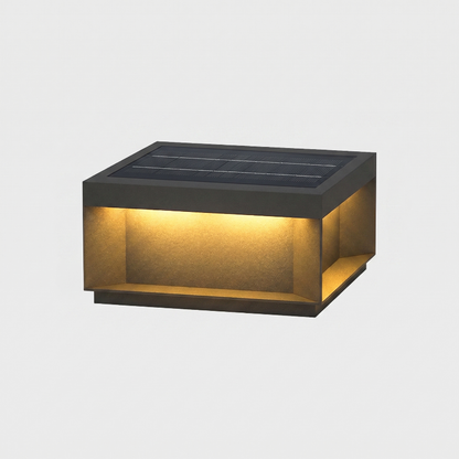Modern black LED solar outdoor deck light on white background