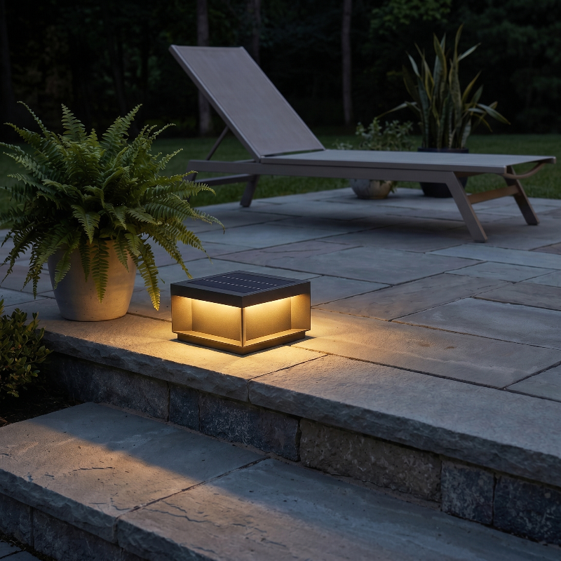 Modern black LED solar outdoor deck light on a wood deck beside steps