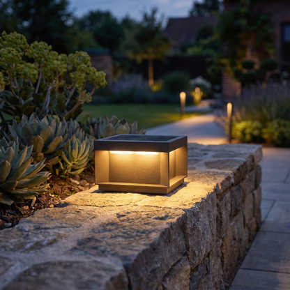 Modern black LED solar outdoor deck light mounted on a stone wall in a landscaped yard