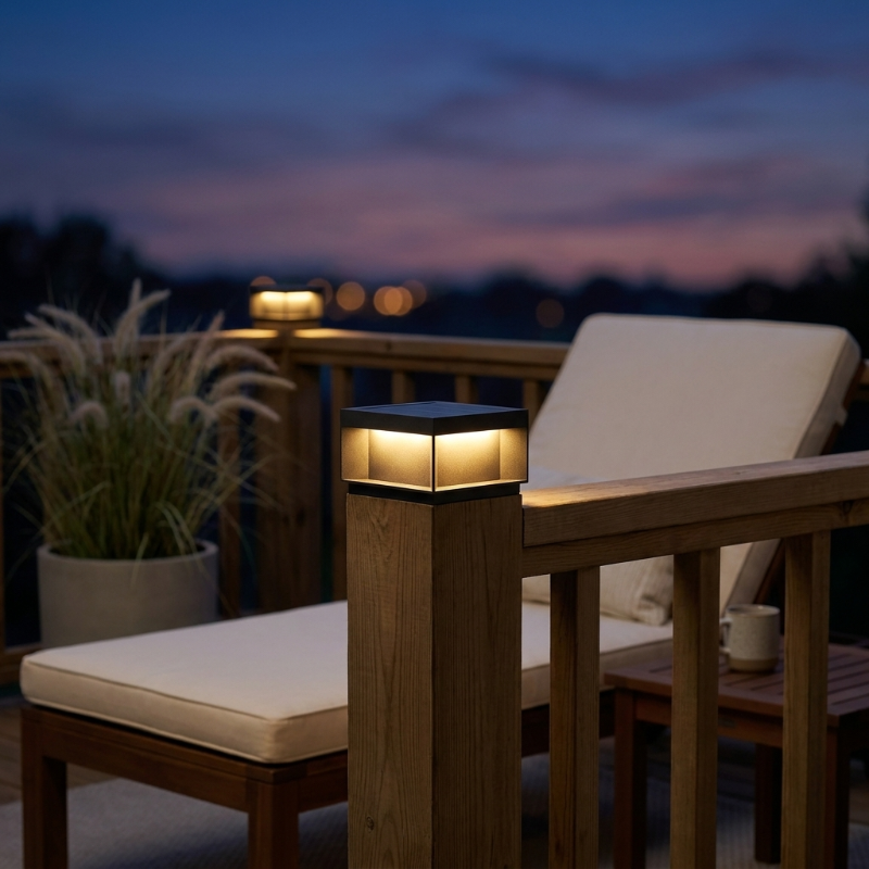 Modern black LED solar outdoor deck lights along a house walkway at twilight
