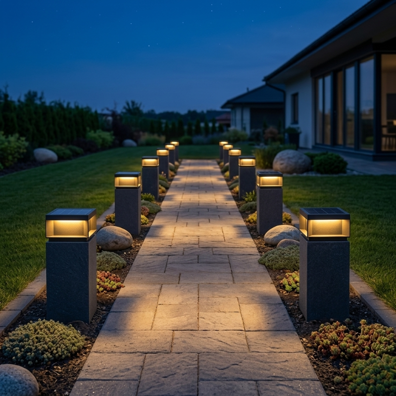 Modern black LED solar outdoor deck lights lining a garden pathway at dusk