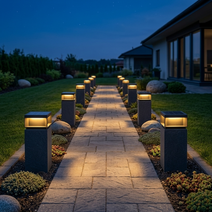 Modern black LED solar outdoor deck lights lining a garden pathway at dusk
