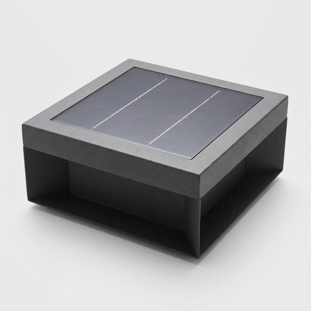 Single black solar deck light with a dark solar panel top on a light gray studio background