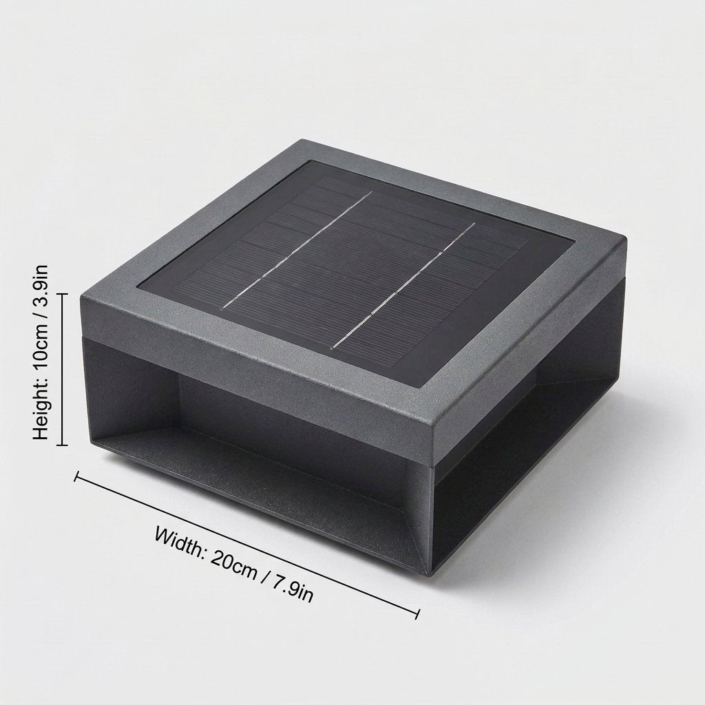 Unlit black solar deck light with dimensions labeled height 10 cm (3.9 in) and width 20 cm (7.9 in) on a light gray background