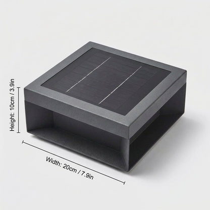 Unlit black solar deck light with dimensions labeled height 10 cm (3.9 in) and width 20 cm (7.9 in) on a light gray background