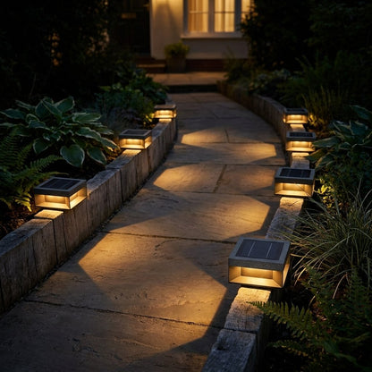 Black solar deck lights glowing warm amber on timber edging posts along both sides of a flagstone garden path leading to a lit house at night