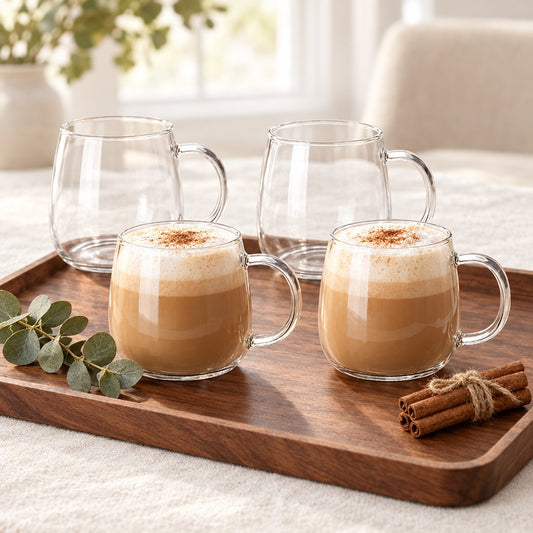 Four clear glass coffee mugs on a walnut tray, two filled with cappuccino dusted with cinnamon, beside a eucalyptus sprig and cinnamon sticks