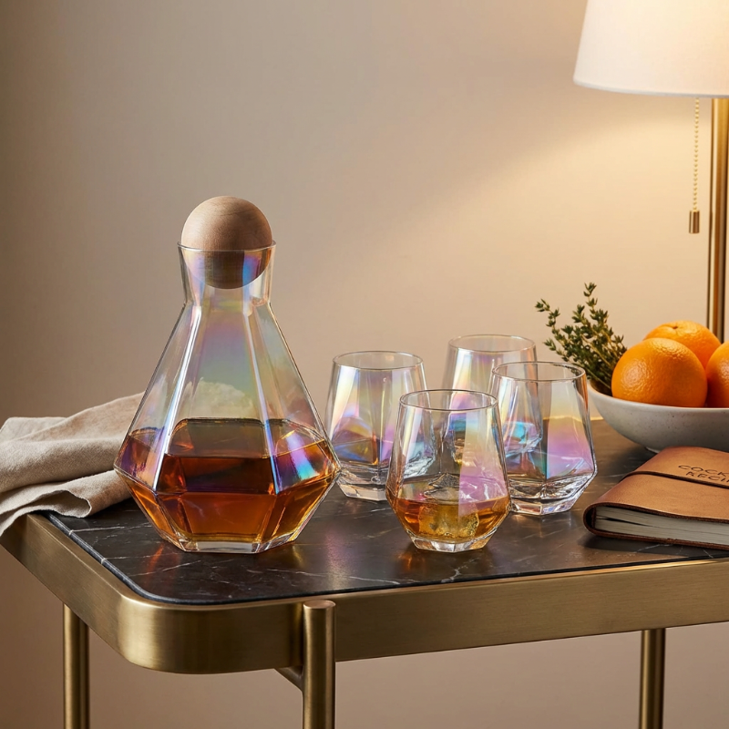 Modern faceted glass decanter and tumbler set on round tray with citrus
