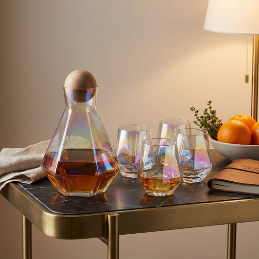 Iridescent glass decanter and glasses on a table with a bowl of oranges and a notebook.
