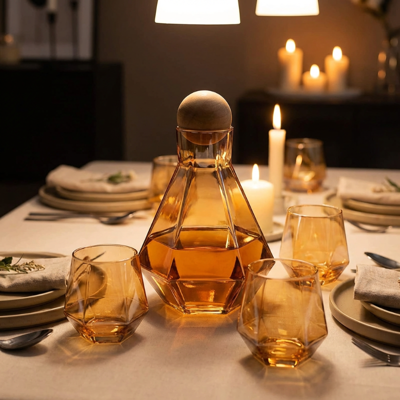 Modern faceted glass decanter and tumbler set on dining table with candles