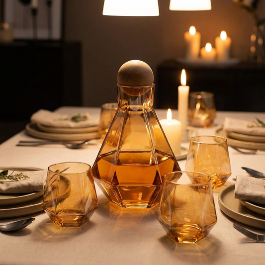 Set dining table with glassware, carafe, and candles in a warm setting