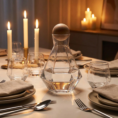 Modern faceted glass decanter and tumbler set on dining table in warm evening setting
