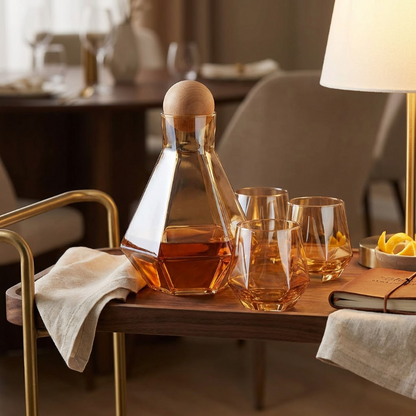 Decanter with amber liquid on a wooden table with glasses and snacks in a cozy room.